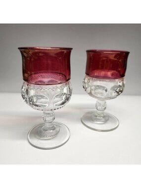 Tiffin Franciscan Cranberry Thumbprint King's Crown Vintage Glass Goblets Set